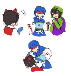 Rule 34 | +++, 10s, 3girls, :&lt;, altronage, black hair, blindfold, blue gloves, blue hair, character request, clenched hand, commentary request, decepticon, fighting, gloves, green hood, hair tubes, hood, hoodie, japanese clothes, kemono friends, kimono, looking at another, mixmaster, multiple girls, open mouth, personification, pointing, red eyes, short hair, simple background, soundwave (transformers), starscream, transformers, white background, wide sleeves