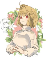 Rule 34 | 1girl, ahoge, arcueid brunestud, birthday, blonde hair, breasts, character name, closed mouth, dated, flower, hair intakes, happy, highres, long sleeves, medium breasts, melty blood, own hands together, red eyes, short hair, smile, solo, sost fgo, sweater, tsukihime, turtleneck, turtleneck sweater, vampire