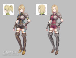 2girls alternate_color alternate_hair_length alternate_hairstyle anbe_yoshirou armor belt belt_pouch blonde_hair boots breasts brown_belt brown_boots brown_leotard character_request closed_mouth commentary_request copyright_notice curtained_hair fingerless_gloves full_body gloves green_eyes grey_background grey_boots hand_on_own_hip highres leotard medium_breasts multiple_girls official_art ponytail pouch red_leotard romancing_saga_2 saga short_ponytail short_sleeves shoulder_armor sidelocks standing therese_(romancing_saga_2) thigh_boots thigh_strap