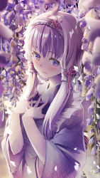 Rule 34 | 1girl, absurdres, apron, blush, daidou (demitasse), flower, frilled apron, frills, hair ornament, hair tie, hands on own chest, highres, japanese clothes, kimono, looking at viewer, maid, maid headdress, plant, purple eyes, purple flower, purple hair, purple kimono, short hair with long locks, solo, upper body, vines, voiceroid, wa maid, wide sleeves, wisteria, yuzuki yukari