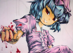Rule 34 | &gt;:d, 1girl, :d, blood, blue hair, byoin, clenched hand, dress, evil grin, evil smile, female focus, foreshortening, grin, hat, head tilt, looking at viewer, open mouth, pink dress, puffy sleeves, red eyes, remilia scarlet, short hair, smile, solo, touhou, traditional media, v-shaped eyebrows