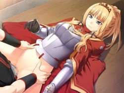 Rule 34 | 1boy, 1girl, angry, armor, benimura karu, blonde hair, blue eyes, blush, breasts, bunny black, bunny black 2, cape, censored, cross, cross necklace, game cg, gloves, hetero, hip focus, jewelry, legs, long hair, looking down, lying, necklace, no panties, penis, pussy, sex, shadow, thighs, vaginal