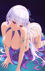Rule 34 | 1girl, all fours, ass, bare shoulders, blue hair, blush, body markings, bracelet, breasts, eeyoosekedooaat, fate/grand order, fate (series), flower, hair flower, hair ornament, hair ribbon, head tilt, highres, jewelry, kama (fate), kama (swimsuit avenger) (fate), large breasts, long hair, looking at viewer, lotus, multicolored hair, nail polish, navel, nipples, nude, open mouth, red eyes, revealing clothes, ribbon, silver hair, smile, solo, thighs, two-tone hair