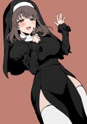 Rule 34 | 1girl, :d, black dress, blush, breasts, brown eyes, brown hair, coif, cowboy shot, cross, dot nose, dress, dutch angle, groin, habit, hand up, highres, holding, holding cross, idoly pride, juliet sleeves, large breasts, legs together, long bangs, long sleeves, looking at viewer, mature female, medium hair, nun, open hand, open mouth, orange background, pelvic curtain, plum (arch), puffy sleeves, saeki haruko (idoly pride), side slit, sidelocks, simple background, smile, solo, thighhighs, thighs, white thighhighs