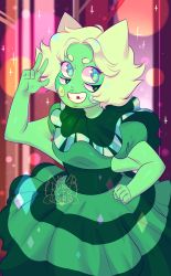Rule 34 | 1girl, :d, abstract background, animal ears, blonde hair, breasts, cat ears, colored skin, commentary, dongoverlord, dress, english commentary, extra eyes, eyelashes, green dress, green skin, green theme, happy, highres, jade fusion (steven universe), long dress, missing tooth, open mouth, short hair, signature, small breasts, smile, solo, sparkle, steven universe, striped clothes, striped dress, w