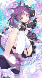Rule 34 | 1girl, ahoge, animal ears, animal hands, ankle strap, bell, blue hair, cat ears, cat girl, cat tail, feet up, flower, garter straps, gloves, grey eyes, highres, kiya machi, looking at viewer, lying, medium hair, motion blur, multicolored hair, neck bell, on back, open mouth, original, paw gloves, purple hair, shoes, single thighhigh, solo, streaked hair, tail, tail bell, tail ornament, thighhighs, twintails, virtual youtuber, white thighhighs