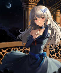 Rule 34 | 1girl, balcony, black dress, blush, breasts, choker, closed mouth, dress, hair ornament, hand in own hair, jewelry, long hair, looking at viewer, medium breasts, mookyuu9, moon, night, night sky, original, pink eyes, ribbon, ring, sky, smile, solo, standing, star (sky), starry sky, upper body, white hair
