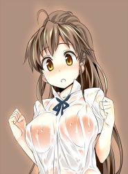 Rule 34 | 1girl, :o, ahoge, blush, breasts, brown hair, clenched hands, dress shirt, himura kiseki, large breasts, long hair, no bra, open mouth, ponytail, see-through, shirt, simple background, solo, taneshima popura, upper body, wet, wet clothes, working!!, yellow eyes