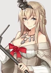 Rule 34 | 10s, 1girl, bad id, bad pixiv id, blonde hair, blue eyes, braid, breasts, cleavage, crown, dress, french braid, grey background, hairband, jewelry, kantai collection, large breasts, long hair, looking at viewer, mini crown, necklace, off-shoulder dress, off shoulder, pallad, scepter, simple background, solo, upper body, warspite (kancolle), white dress