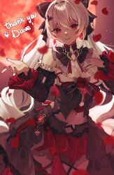 Rule 34 | 1girl, bare shoulders, black bow, black sleeves, blurry, blurry background, bow, breasts, cleavage, closed mouth, commentary request, depth of field, detached sleeves, hair between eyes, hair bow, hands up, highres, honkai (series), honkai impact 3rd, juliet sleeves, long hair, long sleeves, theresa apocalypse (luna kindred), medium breasts, mofumanju, nail polish, navel, petals, puffy sleeves, red eyes, red nails, red skirt, skindentation, skirt, smile, solo, standing, thank you, very long hair, white hair