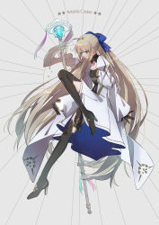 Rule 34 | 1girl, absurdres, ahoge, artoria caster (fate), artoria caster (third ascension) (fate), artoria pendragon (fate), black footwear, black gloves, black thighhighs, blonde hair, blue bow, boots, bow, bug, butterfly, character name, closed mouth, clothing cutout, commentary request, dress, fate/grand order, fate (series), gloves, glowing butterfly, green eyes, hair between eyes, hair bow, high heels, highres, holding, holding staff, holding weapon, insect, long hair, long sleeves, nayu tundora, smile, staff, thighhighs, twintails, very long hair, weapon, white background, white dress, wide sleeves