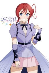 Rule 34 | 1girl, arm warmers, barkhorn0331, belt, blue eyes, collared shirt, commentary request, copyright name, english text, hair bun, hand up, highres, jacket, jump into the new world, layered skirt, looking at viewer, love live!, love live! superstar!!, medium hair, neck ribbon, pink skirt, pleated skirt, purple belt, purple jacket, purple ribbon, purple skirt, red hair, ribbon, shirt, short sleeves, sidelocks, single side bun, skirt, smile, solo, standing, upper body, white background, white shirt, yoneme mei