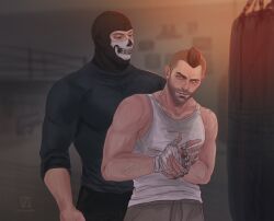 Rule 34 | 2boys, asymmetrical hair, bandaged hand, bandages, beard stubble, black hair, black pants, black shirt, blood, brown pants, call of duty, call of duty: modern warfare 2, facial hair, ghost (modern warfare 2), highres, injury, large pectorals, looking at another, male focus, mask, multiple boys, muscular, muscular male, pants, pectorals, shirt, short hair, sidecut, skull mask, smile, soap (modern warfare 2), stubble, tank top, textless version, undercut, vvozduha, white tank top
