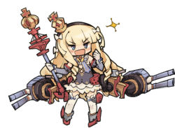 Rule 34 | 1girl, :d, azur lane, black dress, blonde hair, blue eyes, blunt bangs, boots, chibi, clenched hand, crown, detached collar, detached sleeves, dress, drill hair, gloves, hairband, holding, itukitasuku, long hair, machinery, mini crown, open mouth, queen elizabeth (azur lane), scepter, simple background, smile, solo, sparkle, standing, thighhighs, v-shaped eyebrows, very long hair, white background, white gloves, white thighhighs, zettai ryouiki