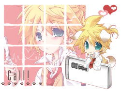 Rule 34 | 1boy, 96mame, animal ears, aqua eyes, bad id, bad pixiv id, blonde hair, cellphone, chibi, dog ears, dog tail, dual persona, heart, kagamine len, male focus, necktie, phone, red necktie, solo, tail, vocaloid