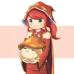 Rule 34 | 1girl, artist request, blush, cape, capelet, commentary request, green eyes, holding, looking at viewer, maplestory, oz (maplestory), red cape, red hair, simple background, smile, standing