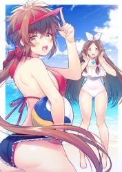 Rule 34 | 2girls, ass, beach, bikini, breasts, day, fan la norne, himeno345, long hair, looking at viewer, lora (xenoblade), multiple girls, nintendo, one-piece swimsuit, open mouth, parted lips, red hair, short hair, shorts, smile, swimsuit, water, xenoblade chronicles (series), xenoblade chronicles 2, xenoblade chronicles 2: torna - the golden country, yellow eyes