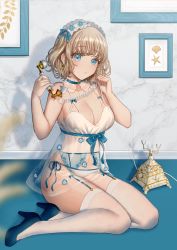 Rule 34 | 1girl, babydoll, bare shoulders, blonde hair, blue eyes, blue flower, blue footwear, blue nails, blue ribbon, blush, commentary, corded phone, detached collar, earrings, english commentary, flower, frilled hairband, frills, full body, garter belt, hairband, high heels, highres, holding, holding phone, indoors, jewelry, lingerie, looking at viewer, miyako (xxxbibit), mole, mole under eye, nail polish, navel, on floor, original, panties, panties over garter belt, parted lips, phone, picture frame, pumps, ribbon, seashell, see-through, shell, shell earrings, short hair, side-tie panties, solo, starfish, thighhighs, underwear, underwear only, white hairband, white panties, white thighhighs