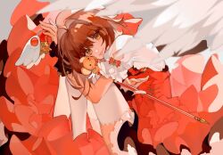 Rule 34 | 1girl, blurry, blurry foreground, brown eyes, brown hair, cardcaptor sakura, ciino00o, dress, feathered wings, feet out of frame, fuuin no tsue, hair between eyes, hair intakes, hat, highres, holding, holding wand, kero (cardcaptor sakura), kinomoto sakura, looking at viewer, magical girl, pink dress, pink headwear, puffy short sleeves, puffy sleeves, shirt, shirt under dress, short hair, short sleeves, thighhighs, wand, white shirt, white thighhighs, white wings, wings