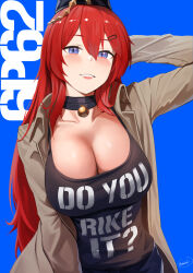 Rule 34 | 1girl, 6p62 (girls&#039; frontline), arms behind back, black shirt, blue background, blue eyes, breasts, brown jacket, clothes writing, english text, engrish text, girls&#039; frontline, hair ornament, hairclip, hat, highres, jacket, jewelry, kion-kun, large breasts, long hair, looking at viewer, military hat, necklace, open clothes, open jacket, plunging neckline, ranguage, red hair, shirt, shy