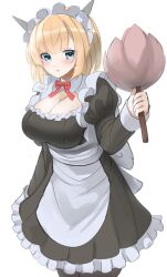 Rule 34 | 1girl, alternate costume, apron, black dress, black pantyhose, blonde hair, blue eyes, breasts, cleavage, dress, duster, enmaided, feather duster, feet out of frame, frilled dress, frills, headgear, highres, holding, kantai collection, large breasts, maid, maid headdress, pantyhose, redundant-cat, rodney (kancolle), short hair, simple background, solo, standing, white apron, white background