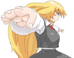Rule 34 | 1girl, alternate hair length, alternate hairstyle, blonde hair, embodiment of scarlet devil, female focus, foreshortening, long hair, oekaki, aged up, outstretched arms, red eyes, rumia, solo, spread arms, touhou
