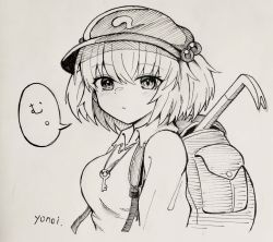 Rule 34 | 1girl, backpack, bag, closed mouth, cropped torso, crowbar, flat cap, greyscale, hair bobbles, hair ornament, hat, highres, kawashiro nitori, key, long sleeves, looking at viewer, monochrome, pocket, short hair, signature, simple background, solo, speech bubble, touhou, translation request, two side up, upper body, yonoisan