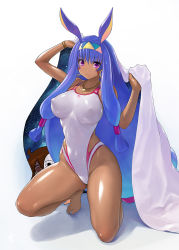 Rule 34 | 1girl, animal ears, bed sheet, covered erect nipples, covered navel, dark-skinned female, dark skin, facial mark, fate/grand order, fate (series), fujimaru ritsuka (female), full body, hairband, impossible clothes, impossible swimsuit, jewelry, kneeling, long hair, looking at viewer, medjed (fate), necklace, nitocris (fate), nitocris (fate/grand order), nitocris (swimsuit assassin) (fate), nitocris (swimsuit assassin) (second ascension) (fate), nyanko batake, one-piece swimsuit, purple eyes, purple hair, riyo (lyomsnpmp) (style), shiny clothes, shiny skin, skin tight, skindentation, smile, solo, swimsuit, very long hair, when you see it