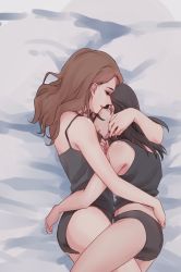Rule 34 | bare arms, bare legs, black camisole, black nails, black panties, black tank top, brown hair, camisole, closed mouth, commentary, english commentary, closed eyes, from above, hand on another&#039;s face, hand on another&#039;s waist, head on another&#039;s shoulder, hug, lips, long hair, lunorafc, lying, nail polish, on bed, on side, panties, person of interest, red lips, root (person of interest), sameen shaw (person of interest), sleeping, tank top, underwear, yuri