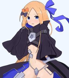 Rule 34 | 1girl, abigail williams (fate), atsumisu, bad id, bad pixiv id, black bow, black jacket, blonde hair, blue background, blue bow, blue eyes, blush, bow, commentary request, cosplay, crotch plate, fate/extra, fate/extra ccc, fate/grand order, fate (series), forehead, hair bow, highres, jacket, long hair, long sleeves, meltryllis (fate), meltryllis (fate) (cosplay), navel, open mouth, orange bow, parted bangs, polka dot, polka dot bow, simple background, sleeves past fingers, sleeves past wrists, solo, very long hair