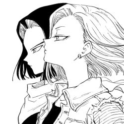 Rule 34 | 1boy, 1girl, android 17, android 18, black hair, brother and sister, close-up, closed mouth, collarbone, dragon ball, dragonball z, earrings, expressionless, eyelashes, floating hair, from side, greyscale, head back, highres, jewelry, looking afar, monochrome, neckerchief, profile, serious, short hair, siblings, simple background, straight hair, striped, striped sleeves, tkgsize, tsurime, twins, upper body, waistcoat, white background