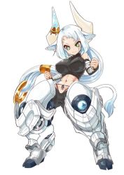 Rule 34 | abs, animal ears, armor, armored boots, bandages, boots, breasts, cow ears, cow tail, green eyes, horns, large breasts, long hair, naka akira, silver hair, solo, tail, very long hair