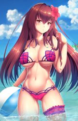 Rule 34 | 1girl, ball, beachball, bikini, blush, breasts, cameltoe, cleavage, cloud, cloudy sky, day, fate/grand order, fate (series), flower, hair flower, hair ornament, highres, huge breasts, long hair, looking at viewer, navel, partially submerged, purple hair, red eyes, scathach (fate), scathach (fate/grand order), scathach (swimsuit assassin) (fate), sky, solo, swimsuit, underboob, wading, zukky