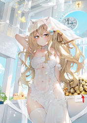 Rule 34 | 1girl, animal, animal ears, arm behind back, arm up, arms behind back, bare shoulders, blonde hair, blue sky, bow, breasts, brown ribbon, bug, butterfly, choker, clock, closed eyes, closed mouth, commentary request, covered navel, cross, day, dema hmw, dress, hair between eyes, hair ornament, hair ribbon, highres, indie virtual youtuber, indoors, insect, long hair, looking at viewer, medium breasts, navel, no.fifteen, red bow, ribbon, see-through, side slit, sky, solo, standing, strapless, strapless dress, thighhighs, veil, virtual youtuber, white choker, white dress, white thighhighs, yellow eyes