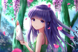 Rule 34 | 1girl, absurdres, bare arms, bare shoulders, blunt bangs, blurry, blurry background, blush, caron, closed mouth, commentary, day, dress, falling petals, floating hair, furude rika, green dress, highres, higurashi no naku koro ni, holding, holding mask, light rays, long hair, looking at viewer, mask, outdoors, petals, purple eyes, purple hair, sleeveless, sleeveless dress, solo, sunbeam, sunlight, tree, upper body, very long hair