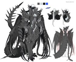Rule 34 | 1boy, absurdres, artist name, black skin, black wings, blue sclera, character sheet, claws, closed mouth, color guide, colored sclera, colored skin, dated, deerchip, extra arms, full body, grey skin, highres, korean commentary, long hair, looking at viewer, low ponytail, monster boy, multiple views, original, pointy ears, simple background, standing, tail, toned, toned male, white background, white eyes, white hair, wings