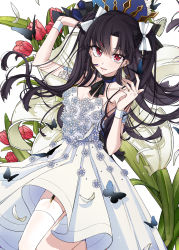 Rule 34 | 1girl, absurdres, arm up, asymmetrical legwear, bad id, bad pixiv id, bare shoulders, black bow, blush, bow, breasts, brown hair, bug, butterfly, collarbone, commentary request, dress, earrings, fate/grand order, fate (series), flower, garter straps, hair between eyes, hair bow, hand up, highres, hoop earrings, huge filesize, insect, ishtar (fate), jewelry, long hair, looking at viewer, osanai, parted lips, petals, pleated dress, red eyes, red flower, ring, simple background, single thighhigh, small breasts, smile, solo, strapless, strapless dress, thighhighs, tiara, uneven legwear, very long hair, white background, white bow, white dress, white flower, white thighhighs