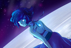 Rule 34 | 1girl, blue eyes, blue hair, blue skin, closed mouth, colored skin, crying, dress, eyelashes, highres, hydrokinesis, lapis lazuli (steven universe), looking back, night, outdoors, sitting, skirt, sky, solo, star (sky), starry sky, steven universe, water