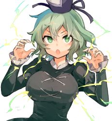 Rule 34 | 1girl, :o, artist name, blush, breasts, dated, dress, electricity, frilled sleeves, frills, green dress, green eyes, green hair, hair between eyes, hands up, hat, large breasts, long sleeves, looking at viewer, open mouth, puffy sleeves, short hair, simple background, soga no tojiko, solo, tate eboshi, tori (10ri), v-shaped eyebrows, white background