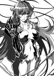 Rule 34 | 1girl, ahoge, amaha masane, breasts, cleavage, large breasts, long hair, monochrome, navel, revealing clothes, white background, witchblade