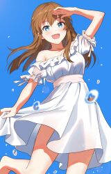 Rule 34 | 1girl, :d, absurdres, arm up, bare legs, blue background, blue eyes, blush, bow, braid, brown hair, collarbone, commentary request, dot nose, dress, emu (emum), frilled dress, frills, highres, idolmaster, idolmaster million live!, idolmaster million live! theater days, kousaka umi, long hair, looking at viewer, open mouth, short sleeves, simple background, skirt hold, smile, solo, standing, standing on one leg, waist bow, water drop, white dress