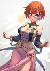 Rule 34 | 1girl, blue eyes, blush, bokutachi wa benkyou ga dekinai, breasts, chestnut mouth, cleavage, cleavage cutout, clothing cutout, dated, detached sleeves, floral background, glasses, gold trim, hair ornament, large breasts, looking at viewer, ogata rizu, orange hair, sakumichi, simple background, solo, standing