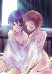 Rule 34 | 2girls, :d, ^ ^, bed, bed sheet, black eyes, blush, brown hair, covering privates, closed eyes, hanekoto, multiple girls, nude, nude cover, open mouth, original, purple hair, short hair, sketch, smile, window, yuri