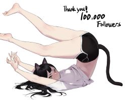 Rule 34 | 1girl, animal ears, ass, bare legs, barefoot, black hair, black shorts, blake belladonna, breasts, cat ears, cat girl, cat tail, commentary, dongho kang, english commentary, feet up, fingernails, from side, full body, hands up, highres, legs up, long hair, looking at viewer, milestone celebration, nail polish, original, sharp fingernails, shirt, short shorts, shorts, simple background, solo, tail, thank you, top-down bottom-up, v-shaped eyebrows, white nails, white shirt, yellow eyes