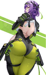 1girl ass ass_focus back backless_outfit baige0 black_bodysuit blunt_bangs bodysuit breasts chinese_commentary commentary_request enya_murphy from_behind green_bodysuit hair_bun hair_ornament large_breasts looking_at_viewer looking_back medium_hair purple_eyes purple_hair simple_background snowbreak:_containment_zone solo thick_thighs thighs two-tone_bodysuit white_background wide_hips