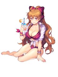 Rule 34 | 1girl, ahoge, artist request, bare legs, barefoot, bead bracelet, beads, bikini, blush, bow, bracelet, breasts, cleavage, closed mouth, collar, collarbone, collared shirt, cup, drink, drinking glass, drinking straw, earrings, final gear, food, fruit, full body, hair bow, half updo, high ponytail, highres, holding, holding cup, holding drink, ice, jewelry, legs, lemon, lemon slice, long hair, long sidelocks, looking at viewer, marma (final gear), midriff, official art, orange hair, parted lips, pink armband, pink bikini, pink bow, purple eyes, shirt, simple background, single earring, single sidelock, sitting, sleeves past elbows, smile, solo, swimsuit, tachi-e, third-party source, tied armband, tied shirt, toes, transparent background, very long hair, wavy hair, white collar, white shirt, white sleeves
