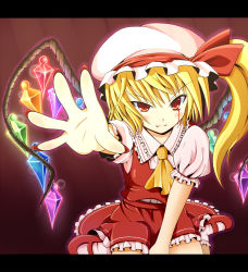 Rule 34 | 1girl, alternate wings, bad id, bad pixiv id, between legs, blood, blood on face, bloody tears, blush, female focus, flandre scarlet, foreshortening, hand between legs, hat, letterboxed, looking at viewer, mary janes, nail polish, outstretched arm, outstretched hand, ponytail, red eyes, red nails, shoes, short hair, side ponytail, sitting, slit pupils, smile, solo, touhou, tsurime, wariza, wings, yunomi chawan