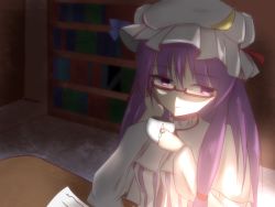 Rule 34 | 1girl, bespectacled, crescent, cup, glasses, hair ribbon, hat, hat ribbon, long hair, looking away, mit (nine-ball), patchouli knowledge, purple eyes, purple hair, ribbon, shaded face, solo, striped, touhou