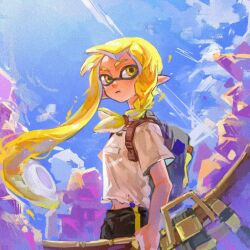 Rule 34 | 1girl, asymmetrical hair, bike shorts, black shorts, blonde hair, bow (weapon), braid, chinese commentary, closed mouth, eyebrow cut, film grain, holding, holding bow (weapon), holding weapon, inkling, inkling girl, inkling player character, long hair, nintendo, pointy ears, shirt, short sleeves, shorts, single vertical stripe, solo, splatoon (series), suction cups, tentacle hair, thenintlichen96, torn clothes, torn shirt, tri-stringer (splatoon), very long hair, weapon, white shirt, yellow eyes