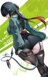 1girl animal_ears ass ass_support baige0 black_pantyhose black_shorts blunt_bangs closed_mouth fingernails from_behind fur-trimmed_jacket fur_trim green_jacket highres jacket jane_doe_(zenless_zone_zero) long_hair looking_at_viewer looking_back mouse_ears mouse_girl mouse_tail multicolored_hair nail_polish pantyhose red_hair red_nails revision shorts sidelocks simple_background single_leg_pantyhose single_thighhigh smile solo tail thighhighs torn_clothes torn_pantyhose two-tone_hair underbutt zenless_zone_zero